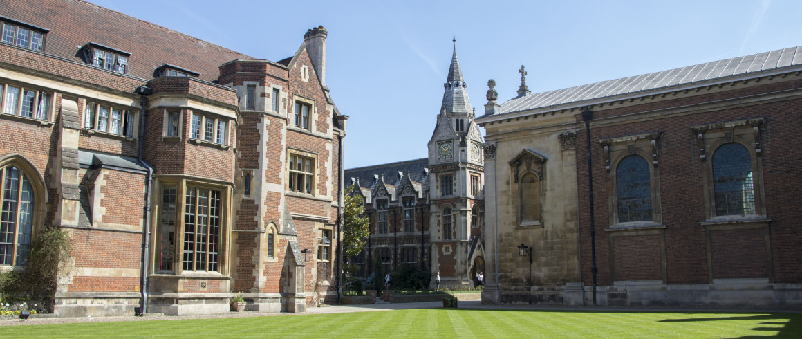 View across Old Court lawn towards teh Library. Hall stands to the left, the Chapel to the right.