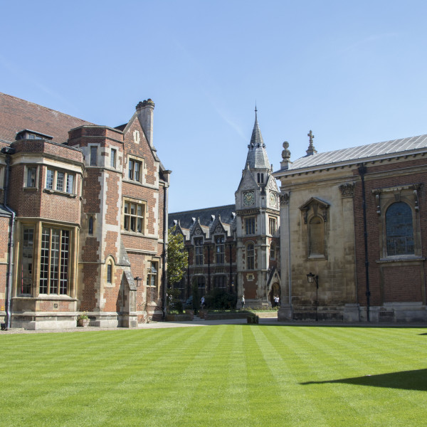 View across Old Court lawn towards teh Library. Hall stands to the left, the Chapel to the right.